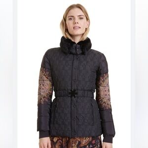 Desigual Women’s Black Patterned Mandala Faux Cur Black Puffer Jacket Coat M